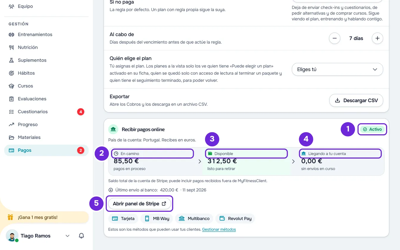 La tarjeta Recibir pagos online con el sello Activo, los importes En camino, Disponible y Llegando a tu cuenta y el botón Abrir panel de Stripe.