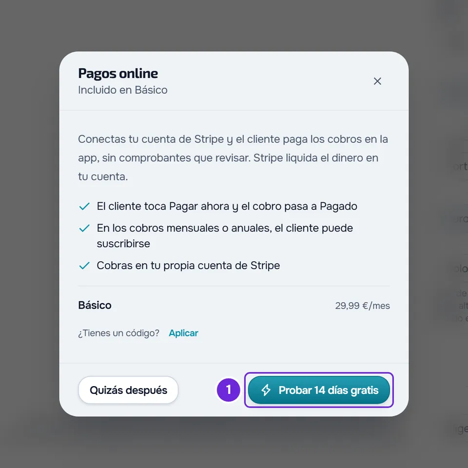 La ventana Pagos online de una cuenta cuyo plan no los incluye, con el plan Básico, su precio al mes y el botón para probarlo gratis 14 días.