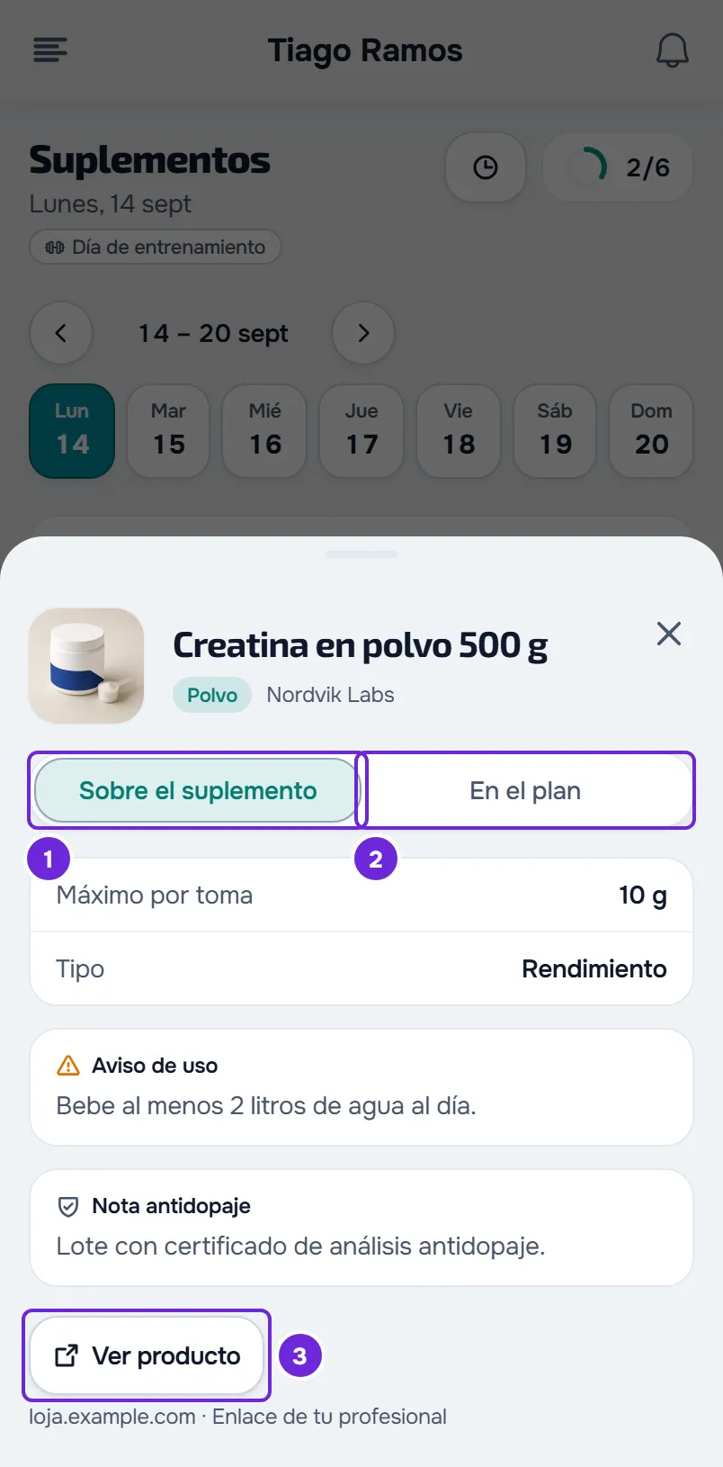 Ficha de la Creatina en polvo en Sobre el suplemento, junto a En el plan: Máximo por toma, Tipo, Aviso de uso, Nota antidopaje y Ver producto.