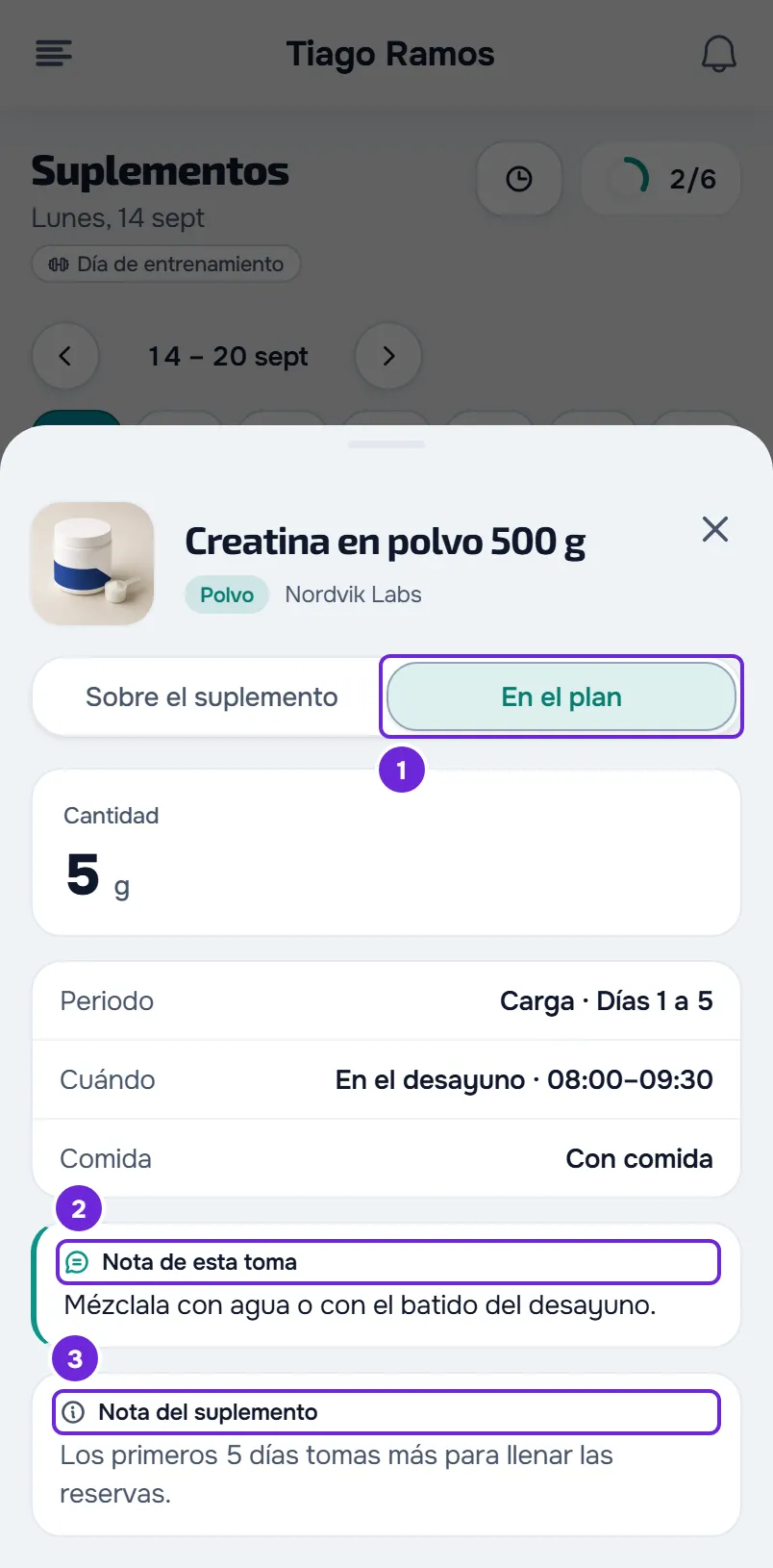 La misma ficha en la pestaña En el plan: Cantidad de 5 g, Periodo de Carga del día 1 al 5, Cuándo, Comida, Nota de esta toma y Nota del suplemento.