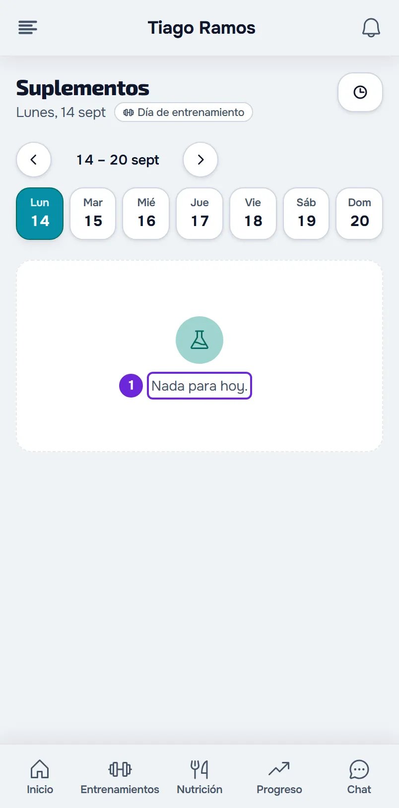 Página Suplementos en un día sin tomas: la fecha con Día de entrenamiento, la franja de la semana en el lunes 14 y «Nada para hoy.» debajo.