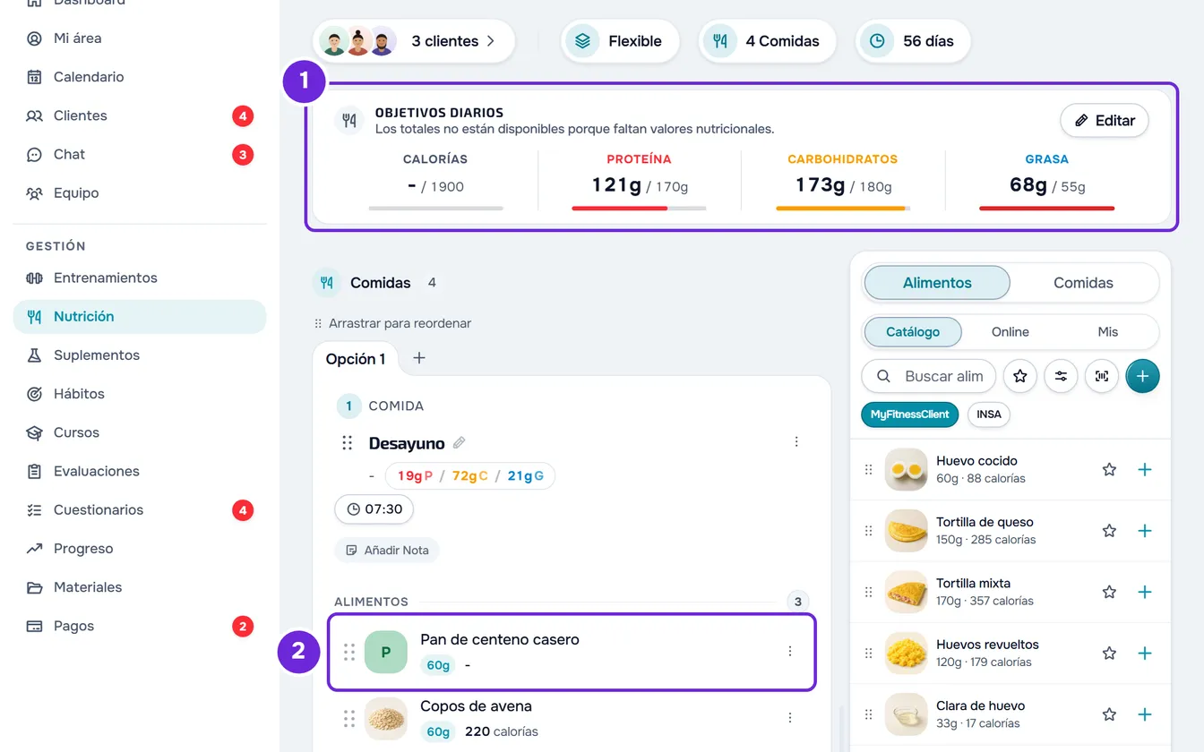 Tarjeta Objetivos Diarios con «Los totales no están disponibles porque faltan valores nutricionales.» y un alimento con «-» en calorías.
