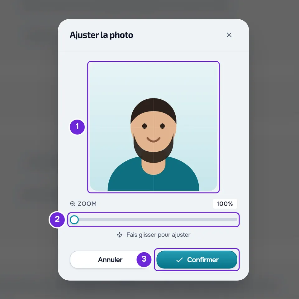 Fenêtre Ajuster la photo avec la photo choisie, un portrait, dans le carré, le Zoom à 100 % et les boutons Annuler et Confirmer.
