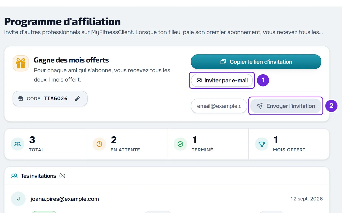 Formulaire Inviter par e-mail ouvert sous les boutons de partage, avec le champ de l'e-mail et le bouton Envoyer l'invitation.
