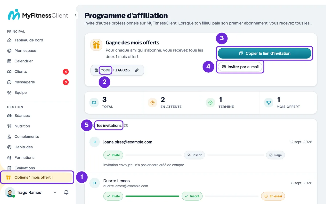 Programme d'affiliation avec Obtiens 1 mois offert ! dans le menu, le code, Copier le lien d'invitation, Inviter par e-mail et Tes invitations.