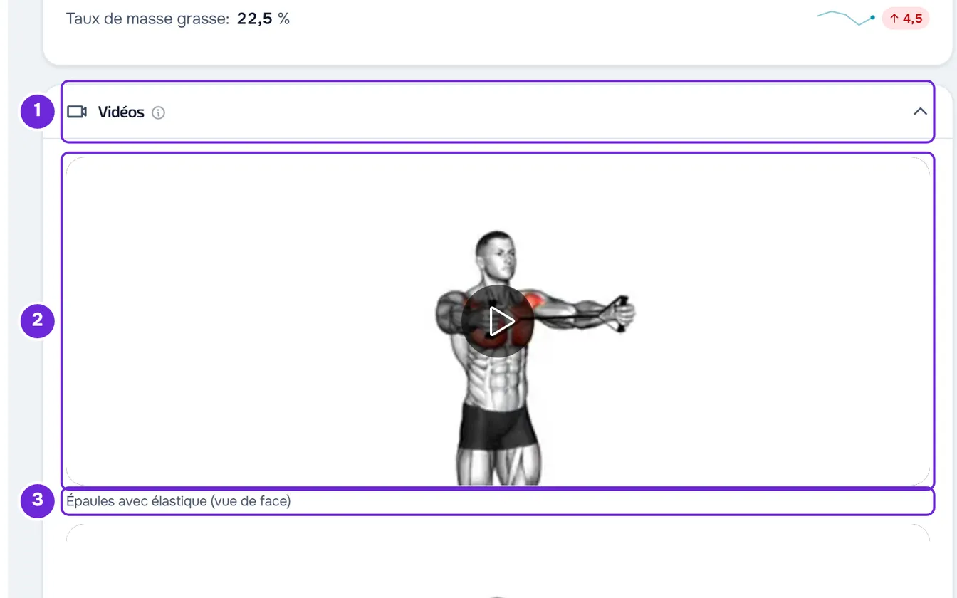 Carte Vidéos d'une évaluation, vue du coach, avec la première vidéo en pause, le cercle de lecture et l'étiquette en dessous.