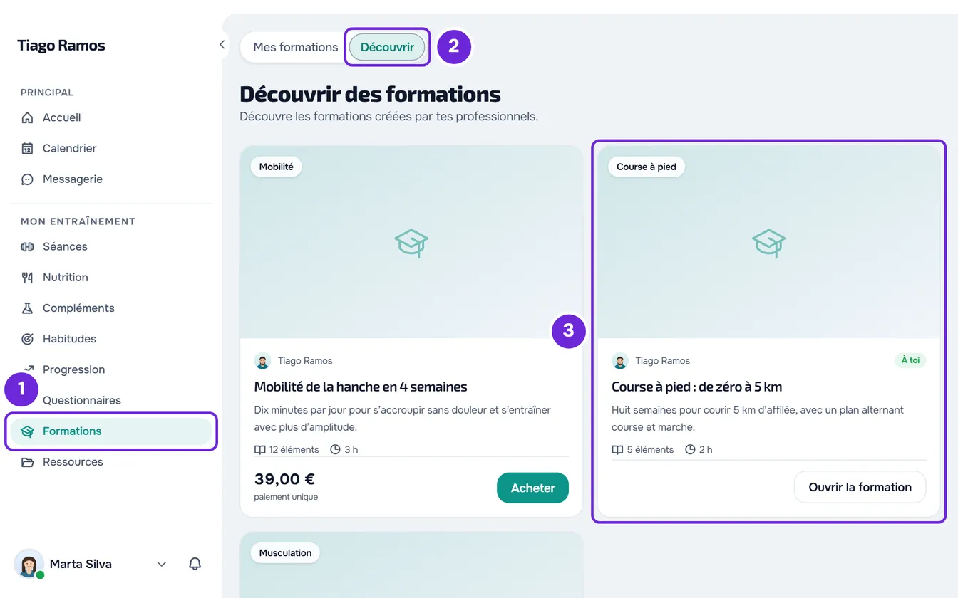 L’onglet Découvrir des Formations sur ordinateur, avec Formations dans le menu, une formation en vente à 39,00 € et une autre avec le badge À toi.