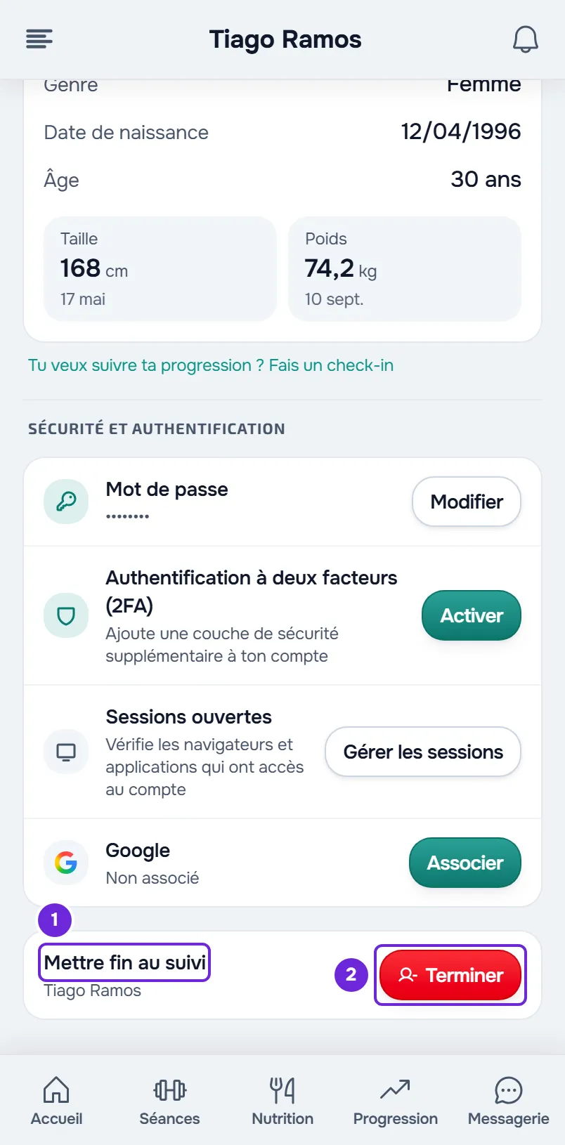 Le bas du Profil dans les Paramètres, sur téléphone, avec la ligne Mettre fin au suivi et le bouton Terminer signalés.