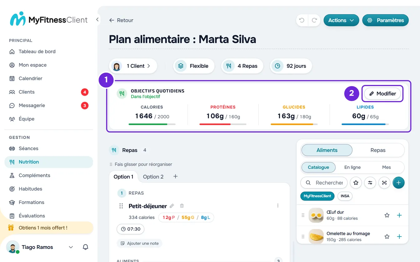 Éditeur d'un plan avec la carte Objectifs quotidiens, dans l'objectif : 1646 calories sur 2000, protéines, glucides et lipides, et le bouton Modifier.