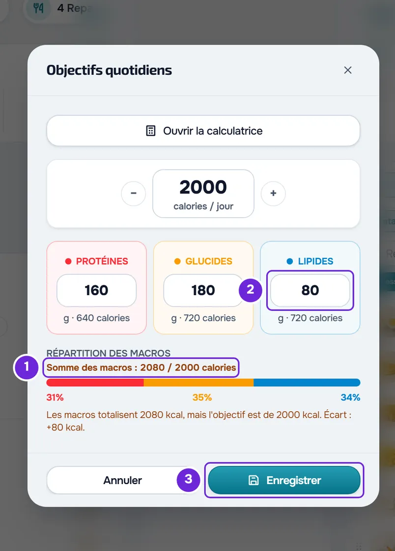 Fenêtre Objectifs quotidiens avec 2000 calories et les grammes des macros : la Somme des macros indique 2080 / 2000 et l'avertissement +80 kcal.