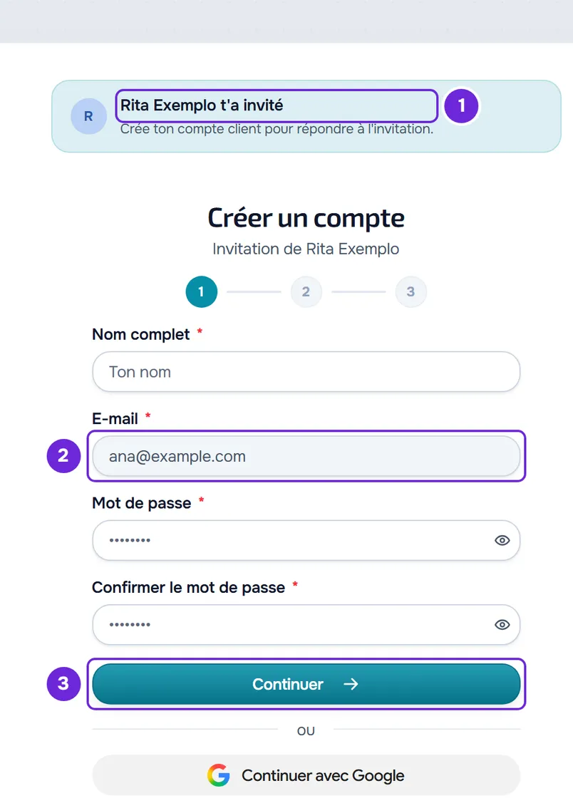Inscription depuis l’invitation en compte client, avec la carte de l’invitation, l’e-mail déjà rempli et verrouillé et le bouton Continuer signalés.