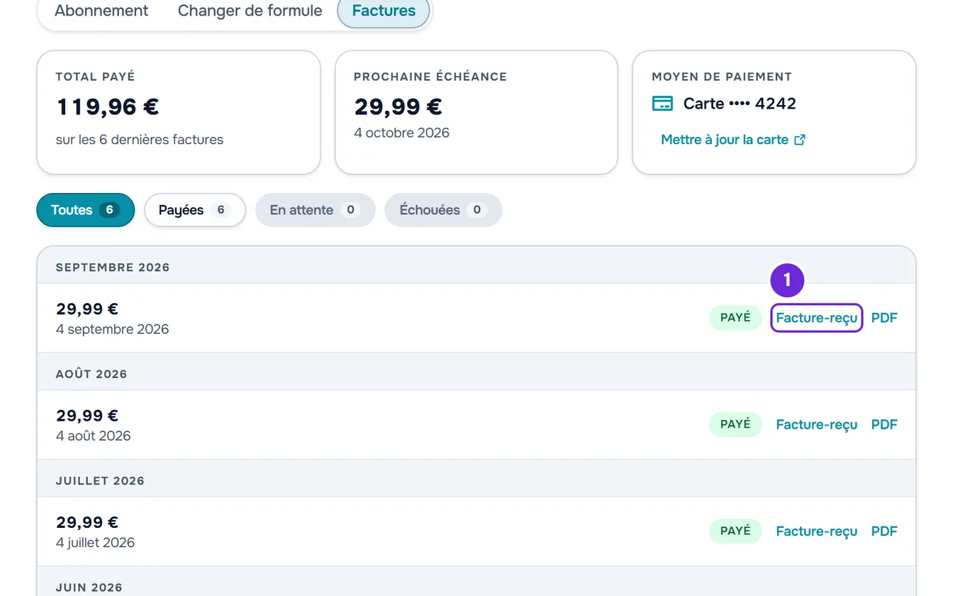 Le résumé, les filtres et les factures groupées par mois, chacune avec le montant, la date, le badge Payé et les liens Facture-reçu et PDF.