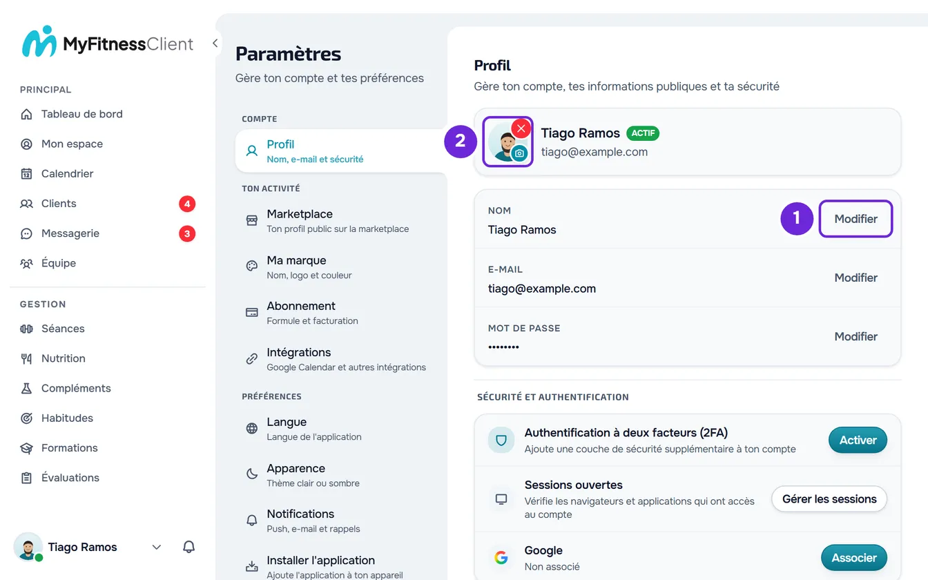 Paramètres ouverts sur Profil, avec la photo et le nom sur la carte du haut et le bouton Modifier sur la ligne du nom.