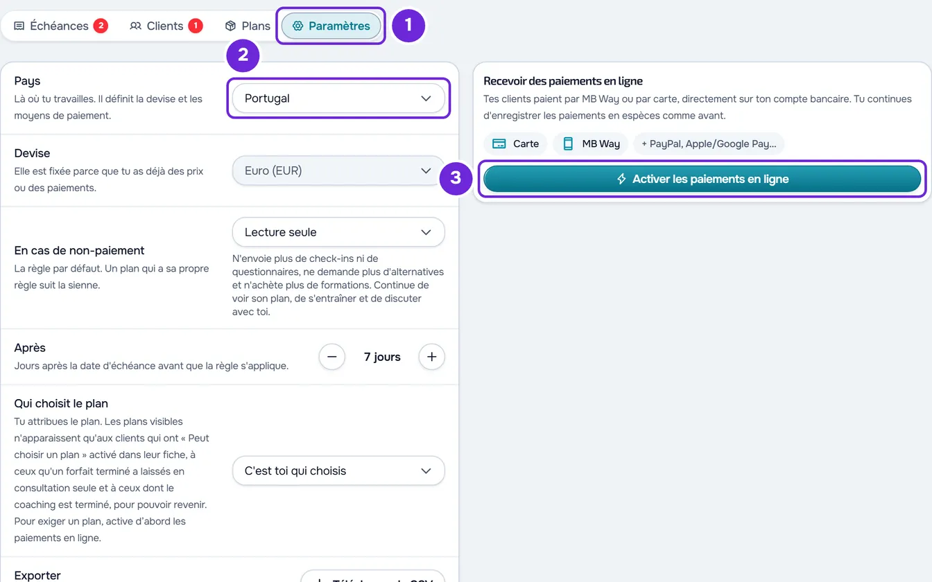 L'onglet Paramètres avec la ligne Pays et la carte Recevoir des paiements en ligne avec le bouton Activer les paiements en ligne.