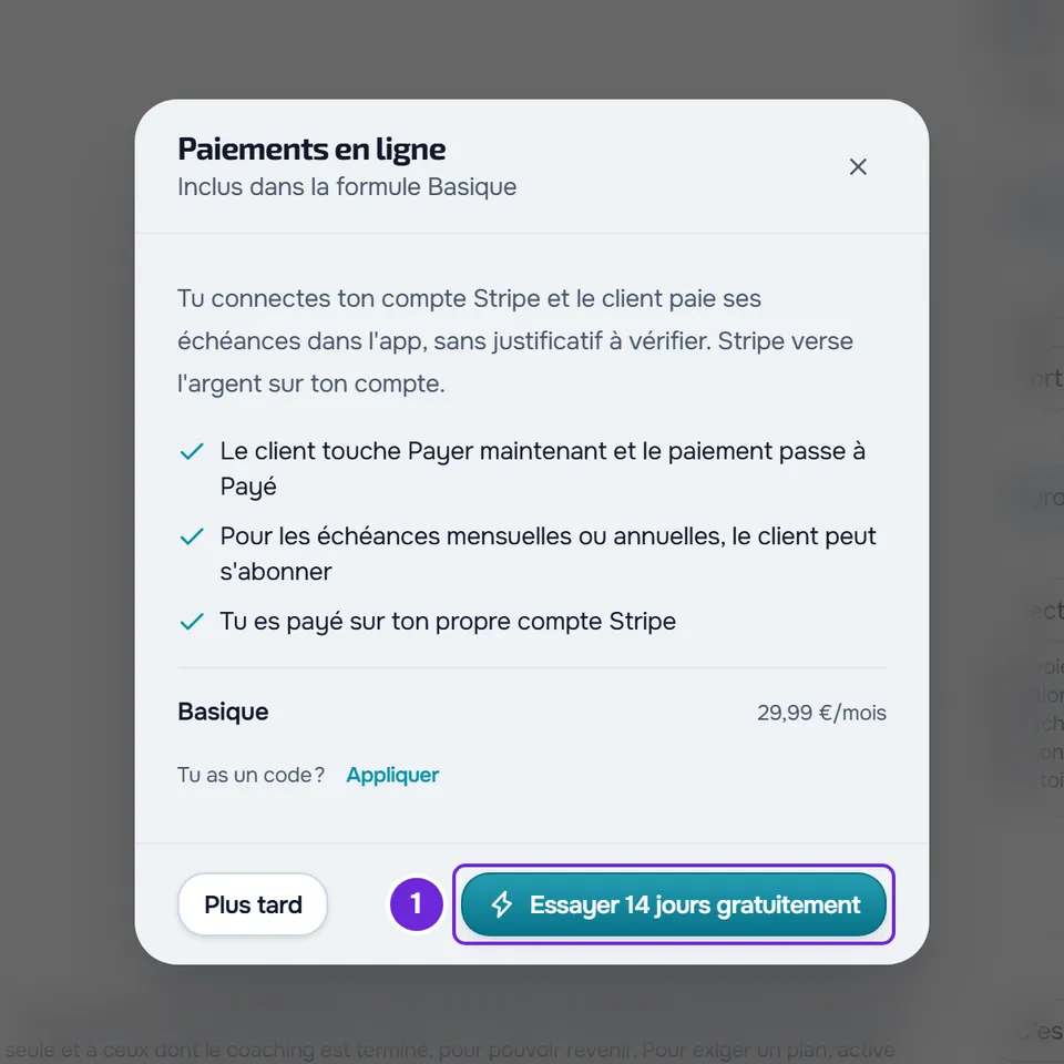 La fenêtre Paiements en ligne sur un plan qui ne les inclut pas, avec le plan Basique, son prix mensuel et le bouton d'essai gratuit de 14 jours.