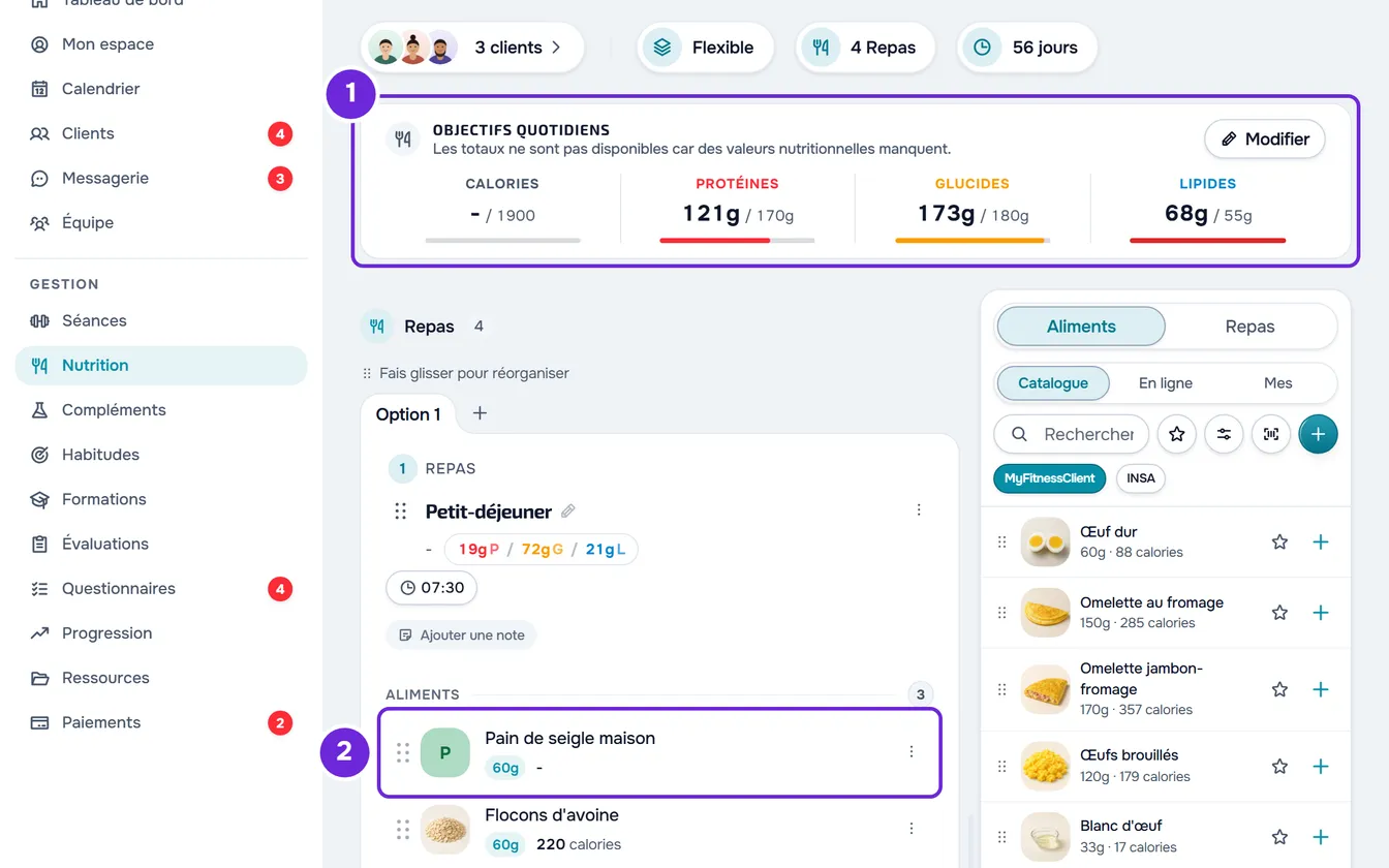 Carte Objectifs quotidiens avec « Les totaux ne sont pas disponibles car des valeurs nutritionnelles manquent. » et un aliment avec « - » en calories.