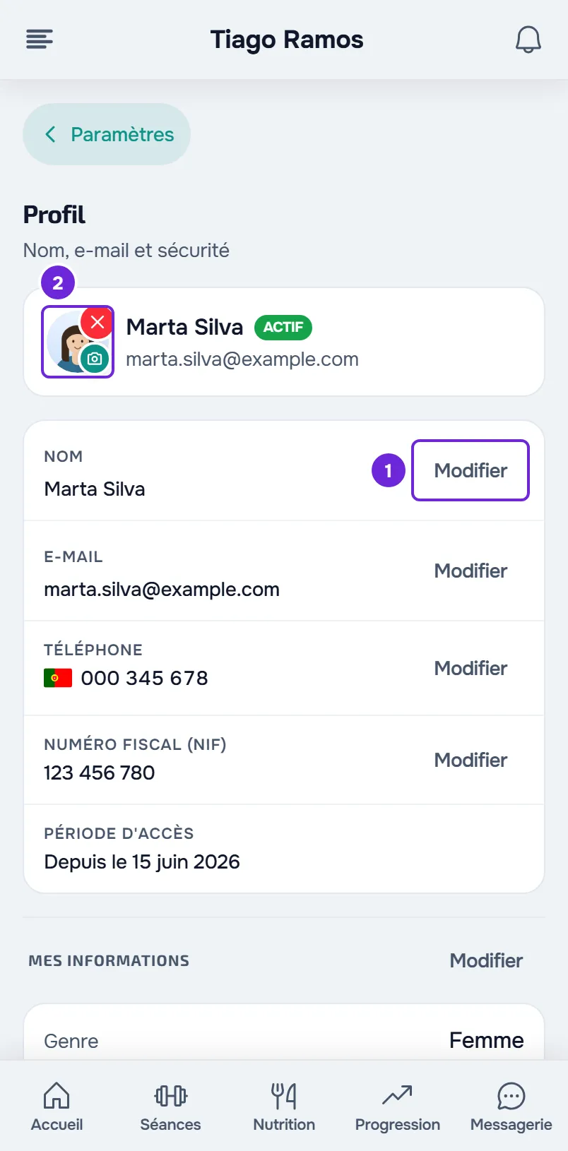 Le Profil dans les Paramètres, sur téléphone, avec le bouton Modifier de la ligne Nom et la photo avec son icône d’appareil photo signalés.