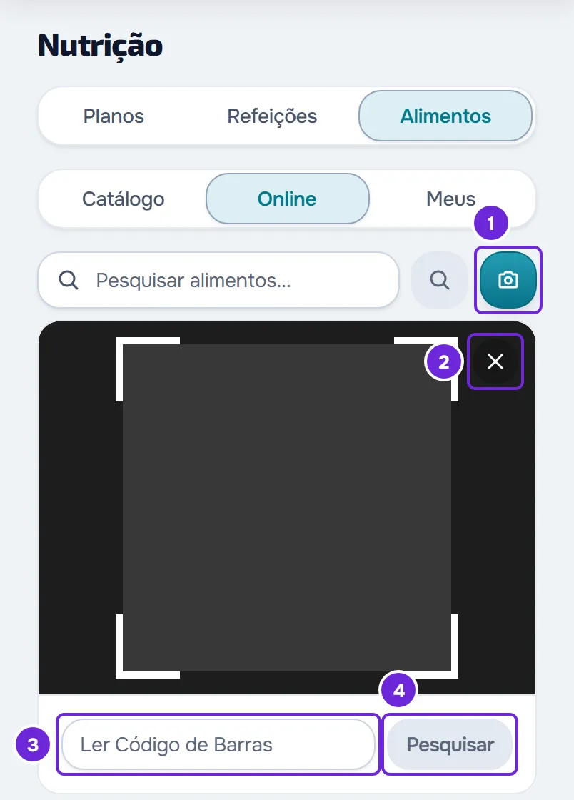 Aba Online em um celular com a câmera aberta: o botão Ler código de barras, o X no canto e o campo Ler Código de Barras com Pesquisar inativo.