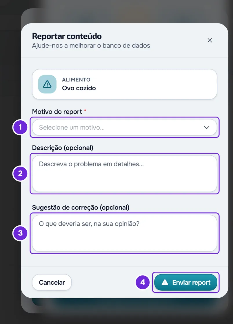 Janela Reportar conteúdo com Motivo do report ainda sem seleção, Descrição (opcional), Sugestão de correção (opcional) e Enviar report.