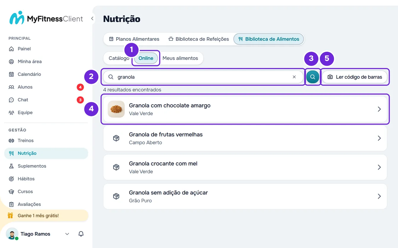Aba Online com a pesquisa granola, a lupa, o botão Ler código de barras, a linha 4 resultados encontrados e os produtos, cada um com o nome e a marca.