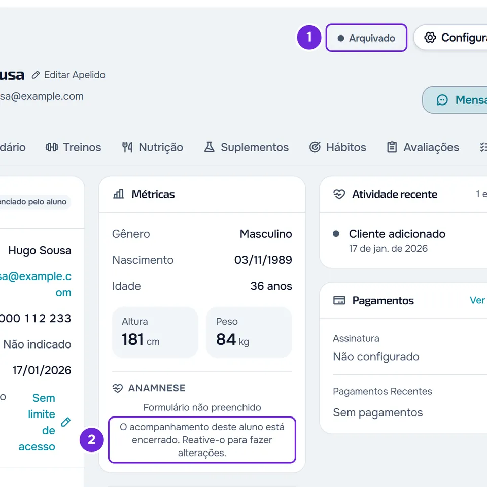 Perfil de um aluno Arquivado em que a seção Anamnese diz que o formulário não foi preenchido e que o acompanhamento está encerrado, sem botões.