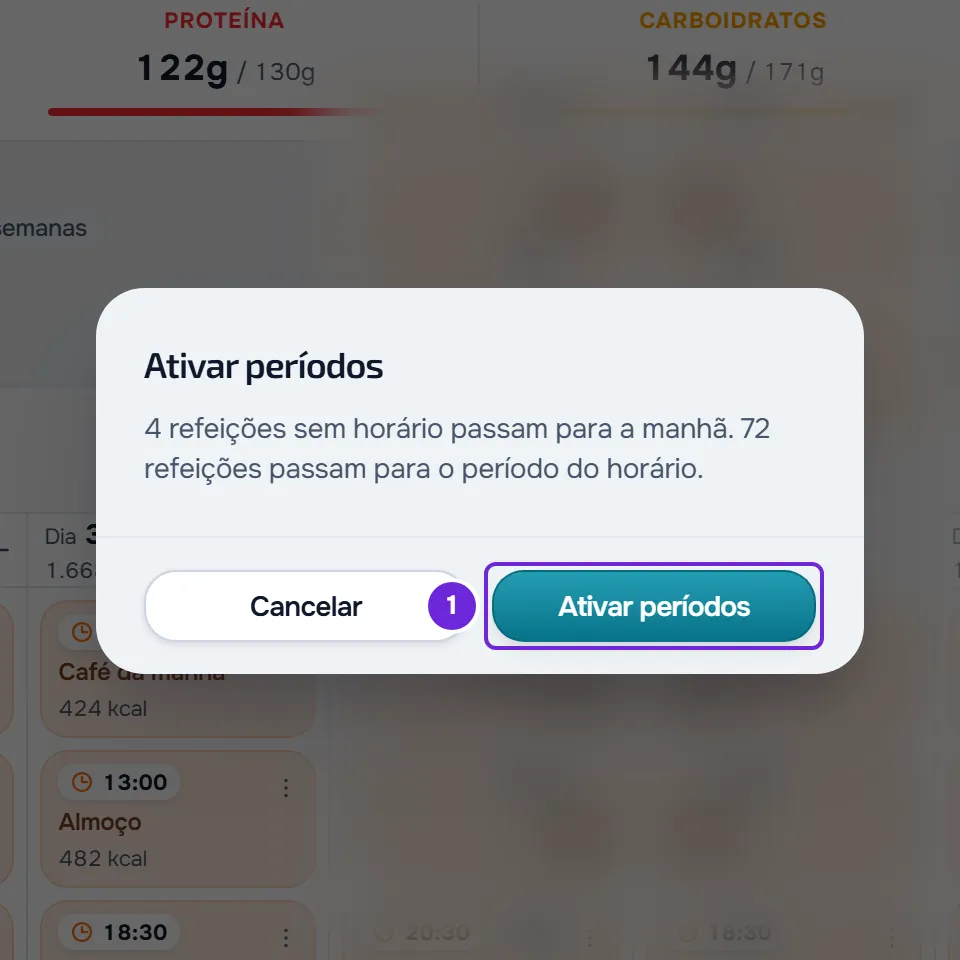 Janela Ativar períodos dizendo que 4 refeições sem horário passam para a manhã e 72 passam para o período do horário, com Cancelar e Ativar períodos.