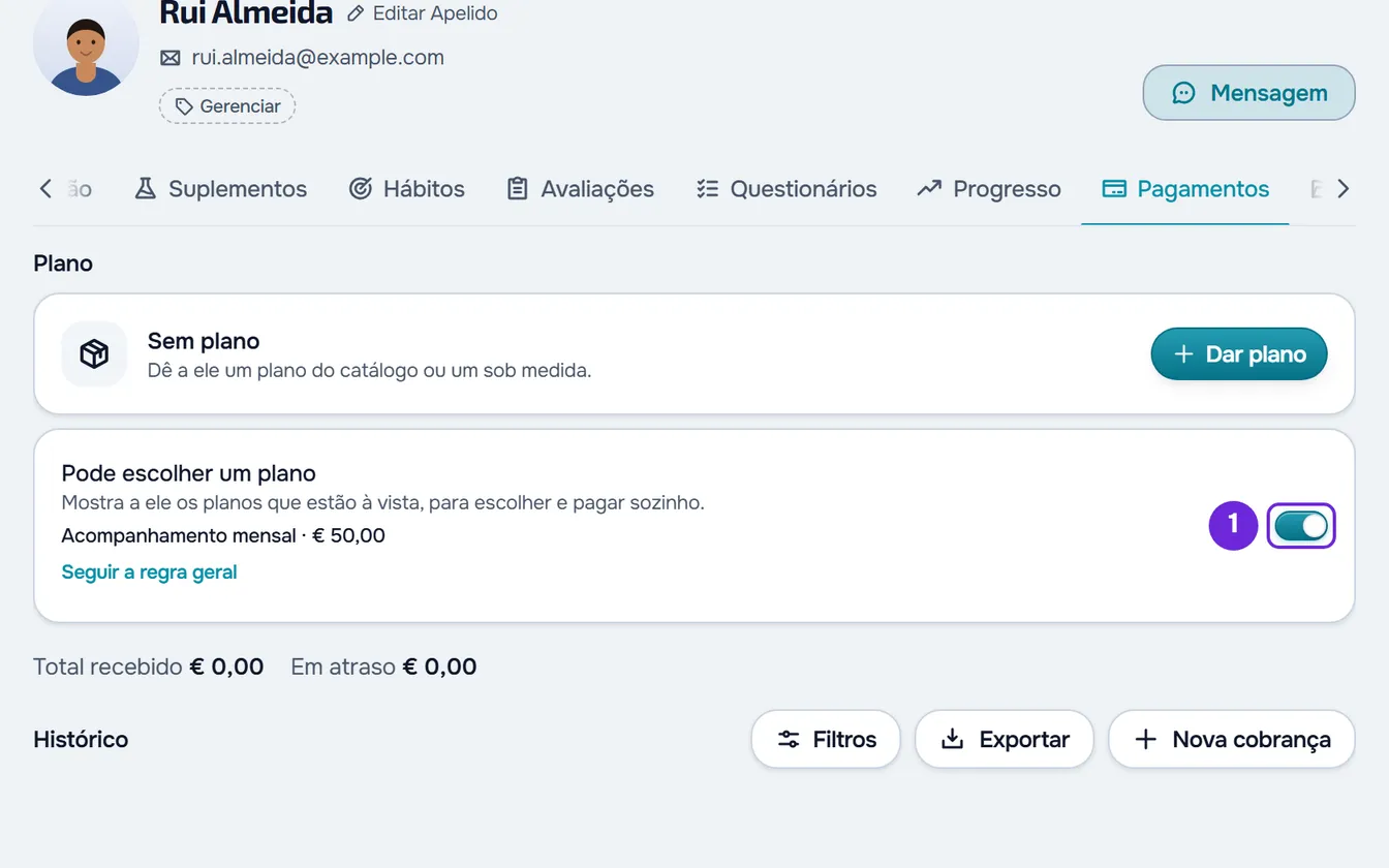 Aba Pagamentos do Rui Almeida, Sem plano, com a chave Pode escolher um plano ligada e, abaixo, o plano Acompanhamento mensal de € 50,00.