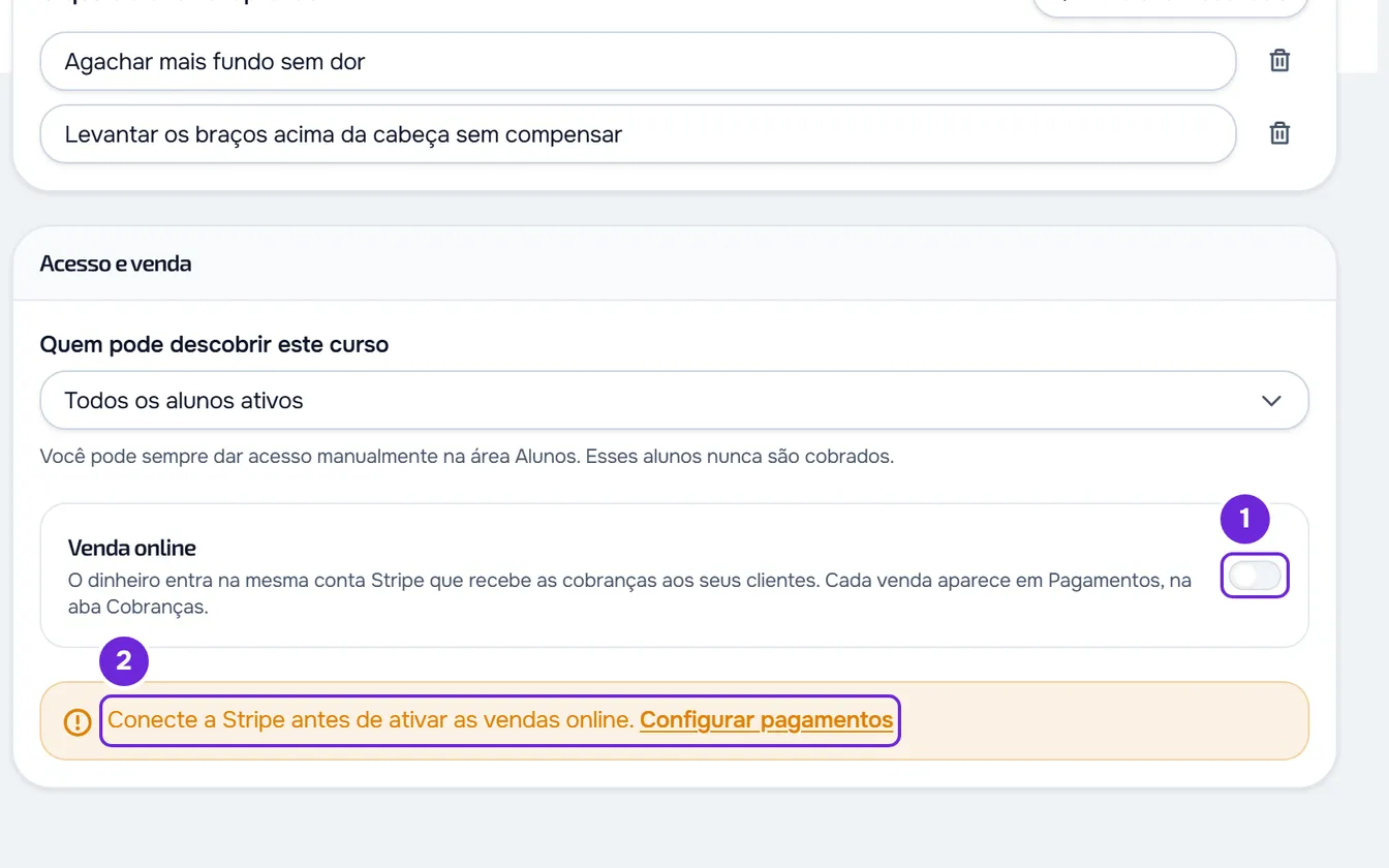 Cartão Acesso e venda sem a Stripe pronta, com Venda online desligada e bloqueada e o aviso âmbar com Configurar pagamentos.