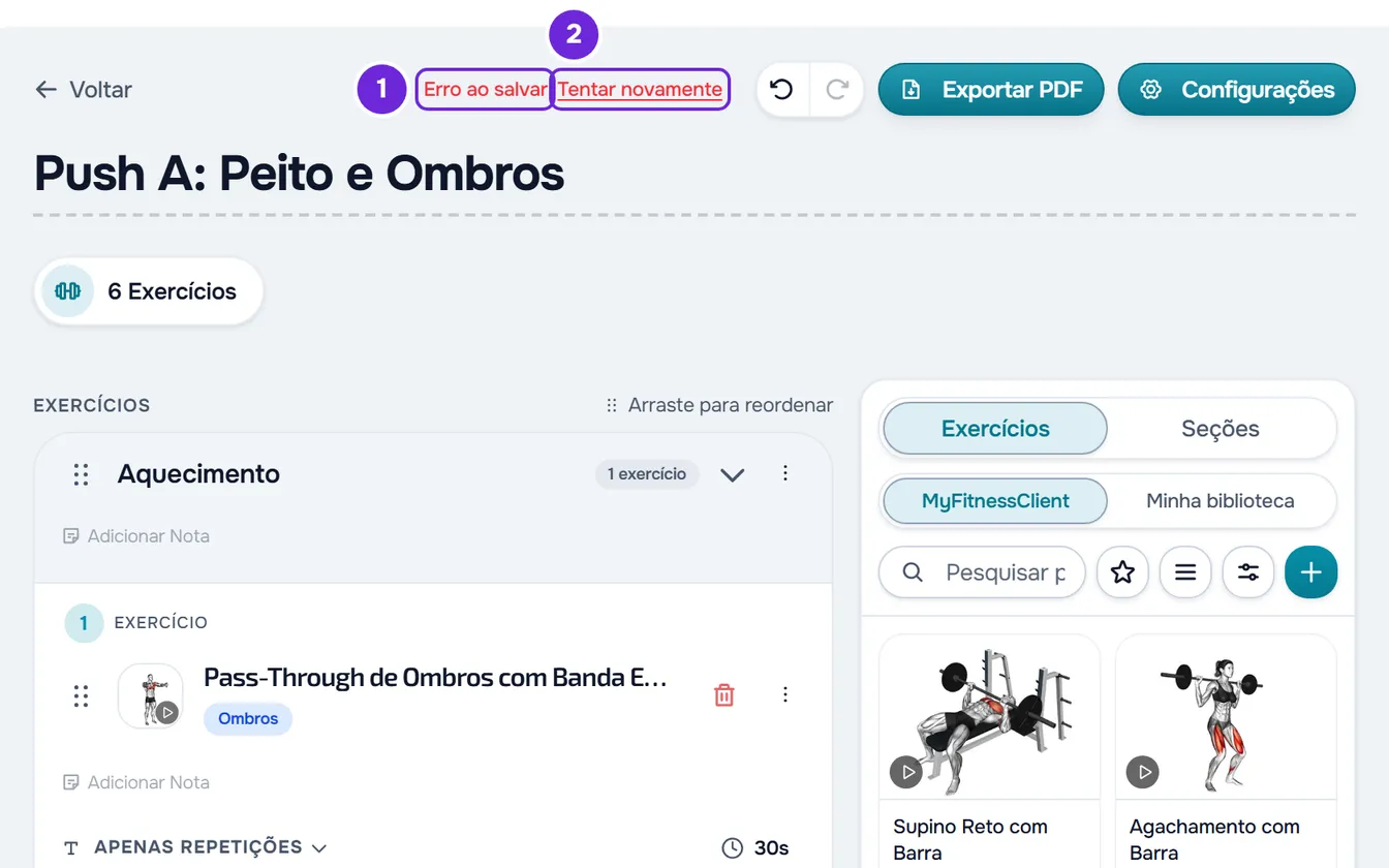 Topo do editor de um treino, com Erro ao salvar em vermelho e, ao lado, Tentar novamente, junto aos botões de desfazer e refazer.