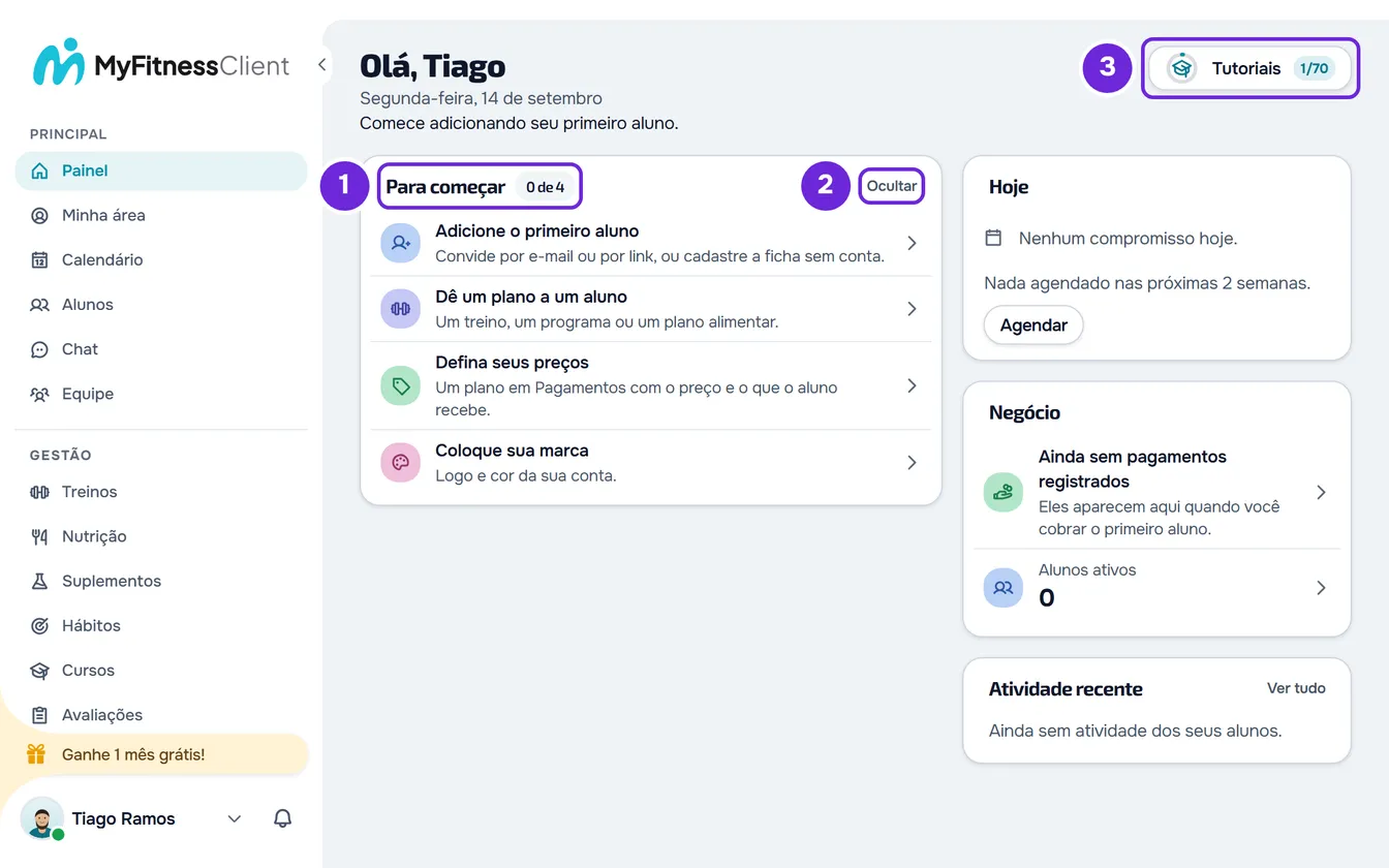 Painel de uma conta nova: no lugar de Esperando por você, o cartão Para começar com os 4 passos e Ocultar, e o botão Tutoriais no topo.