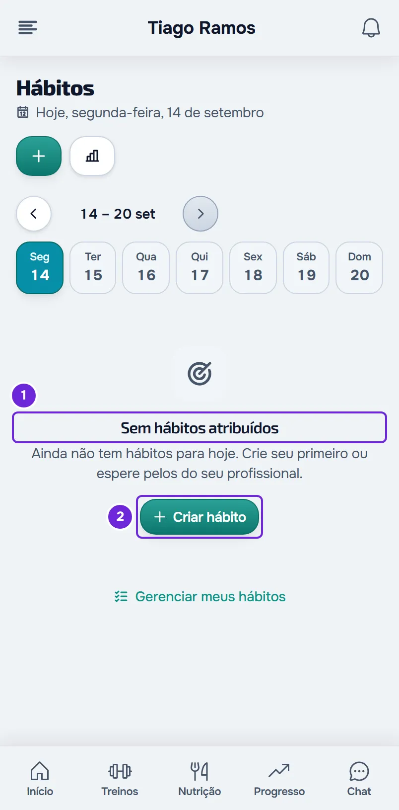 Página Hábitos no celular, hoje, com o título “Sem hábitos atribuídos”, a frase que o explica e o botão Criar hábito.