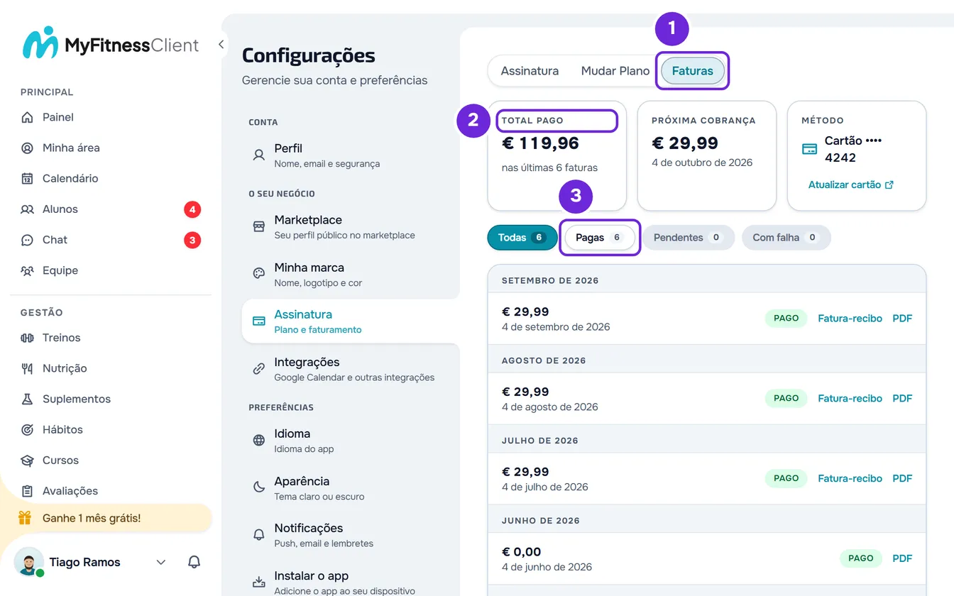 Aba Faturas com o resumo do total pago, da próxima cobrança e do método, os filtros e a lista das faturas agrupadas por mês.