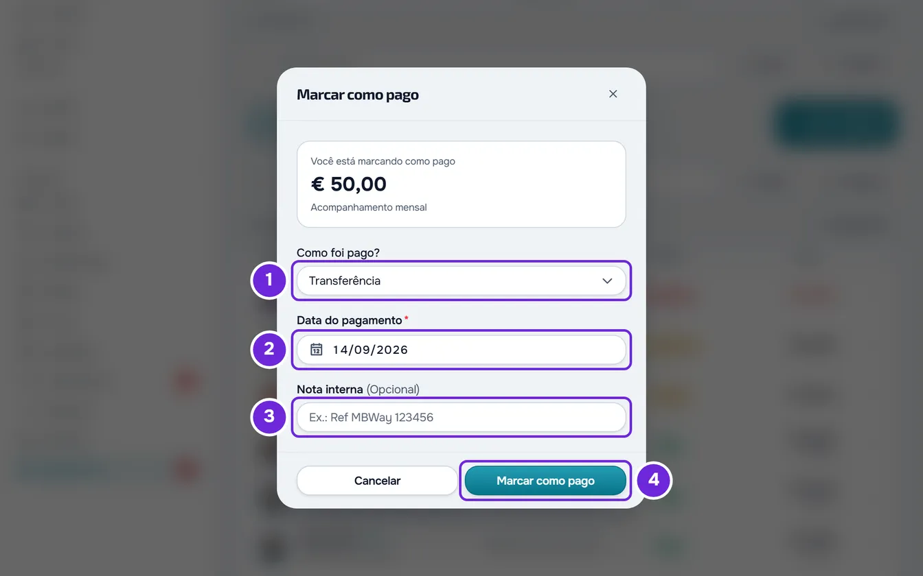 Janela Marcar como pago com Transferência escolhida em Como foi pago?, a Data do pagamento, a Nota interna e o botão Marcar como pago ativo.