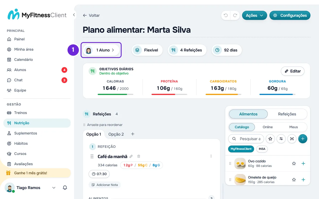 Editor de um plano com o chip dos alunos, 1 Aluno, o primeiro embaixo do nome do plano.