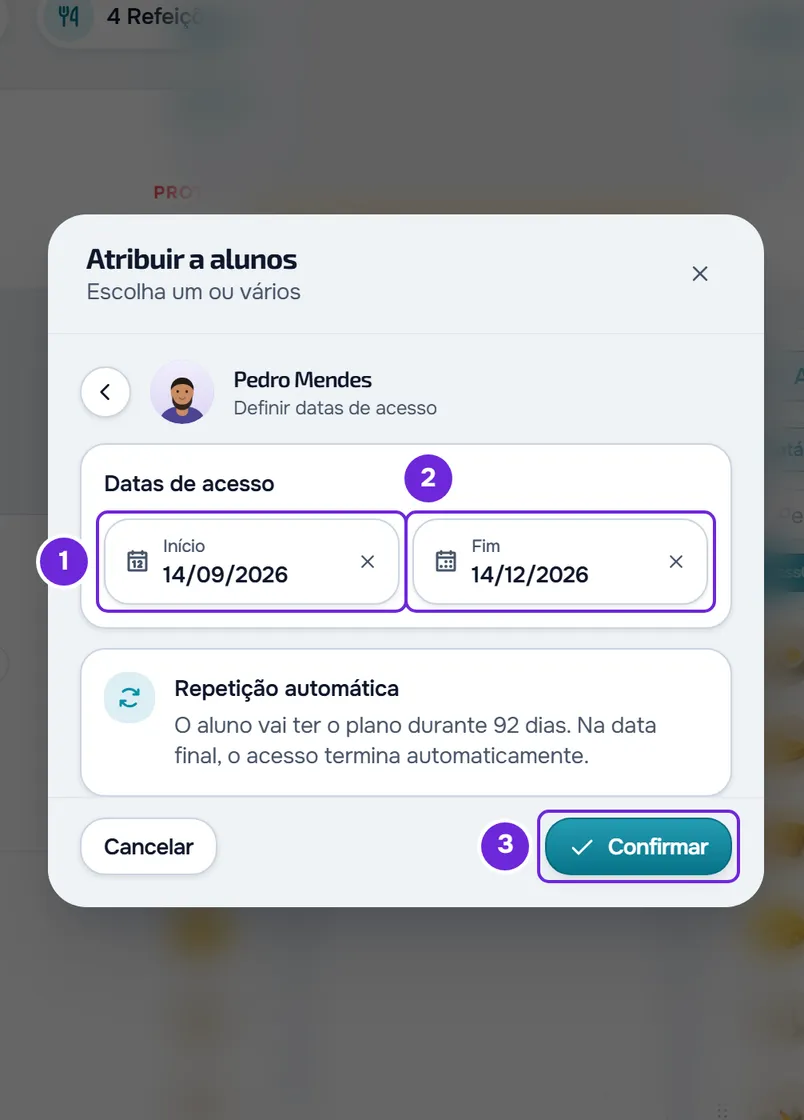 Passo das datas de acesso de um aluno: o Início com a data de hoje, o Fim preenchido, o cartão Repetição automática e o botão Confirmar.
