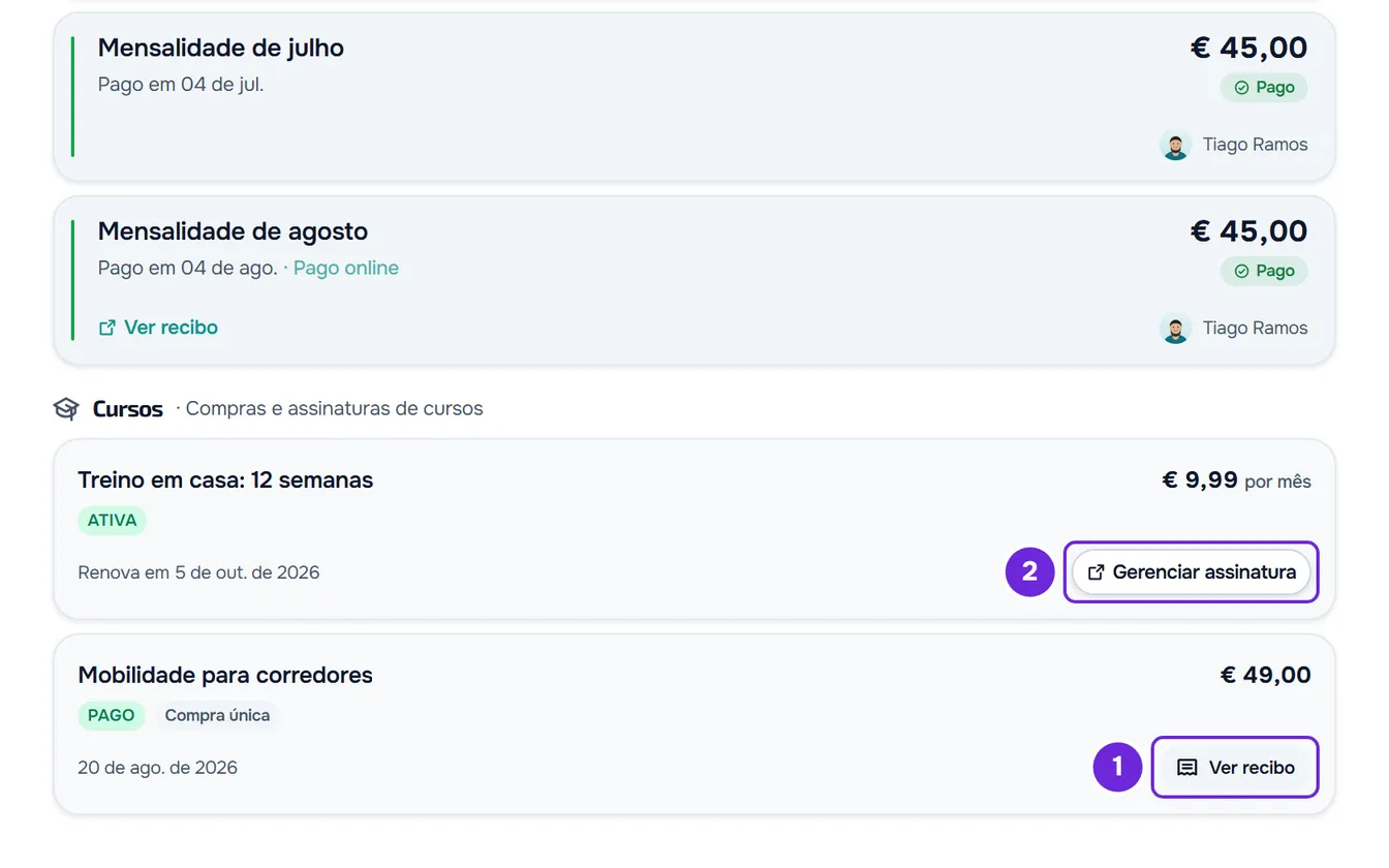 Seção Cursos no final dos Pagamentos, com uma assinatura ativa e uma compra única, e os botões Gerenciar assinatura e Ver recibo destacados.