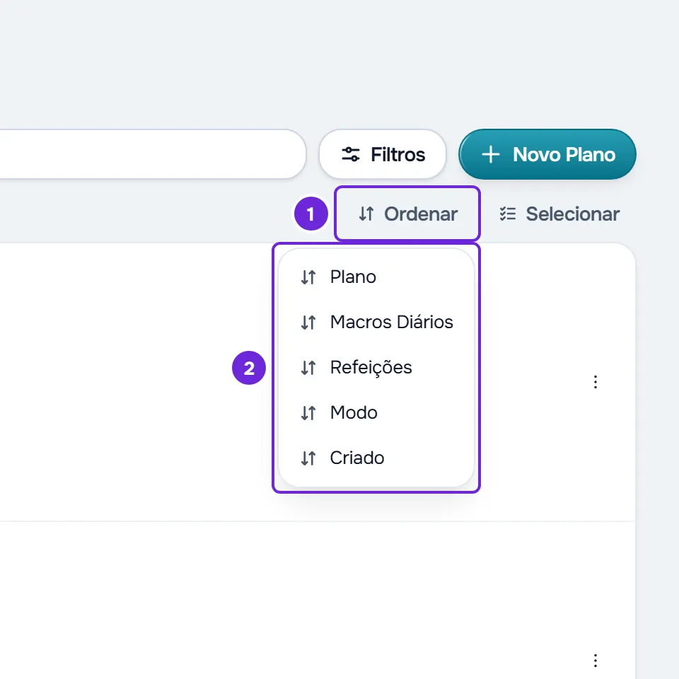 Lista de planos em cartões com o menu Ordenar aberto: Plano, Macros Diários, Refeições, Modo e Criado.
