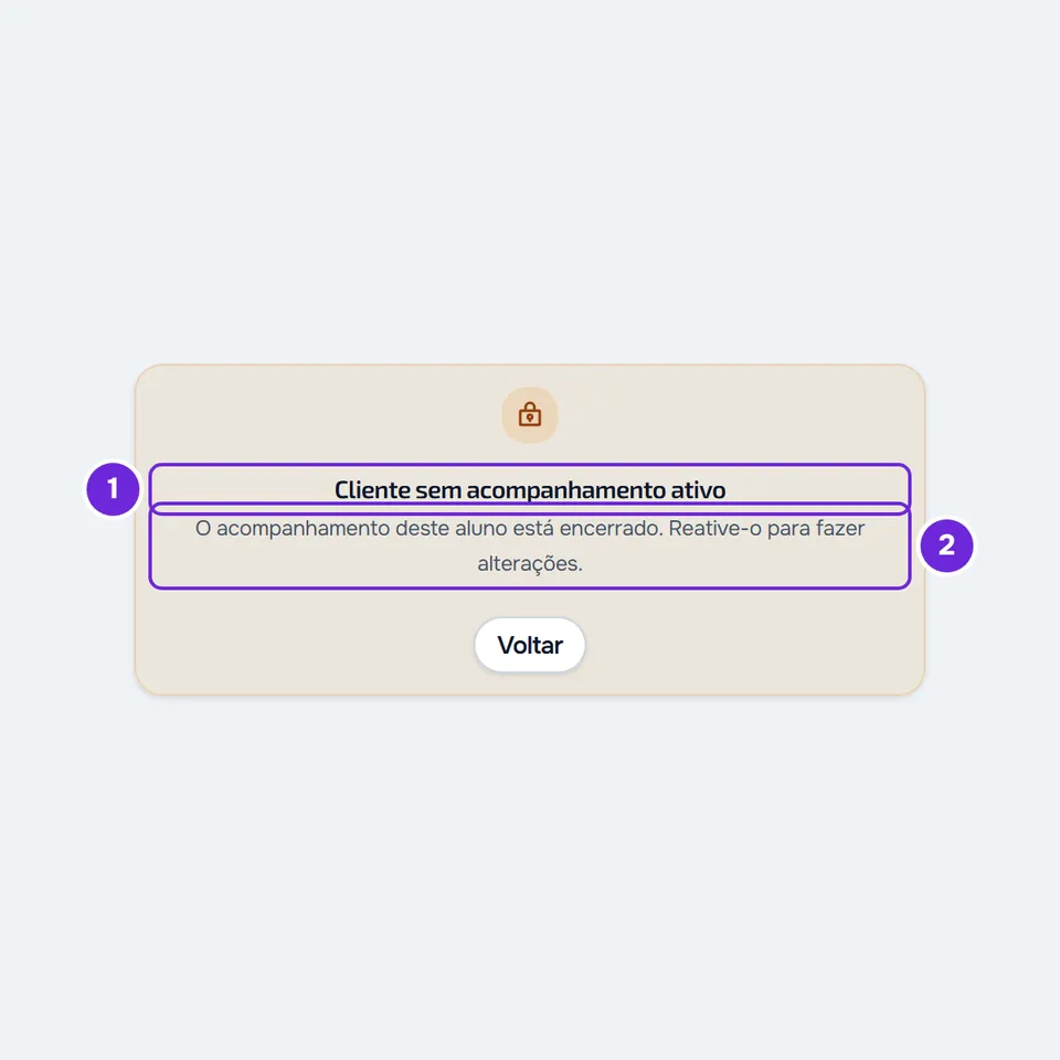 Cartão Cliente sem acompanhamento ativo com a mensagem O acompanhamento deste aluno está encerrado. Reative-o para fazer alterações. e Voltar.