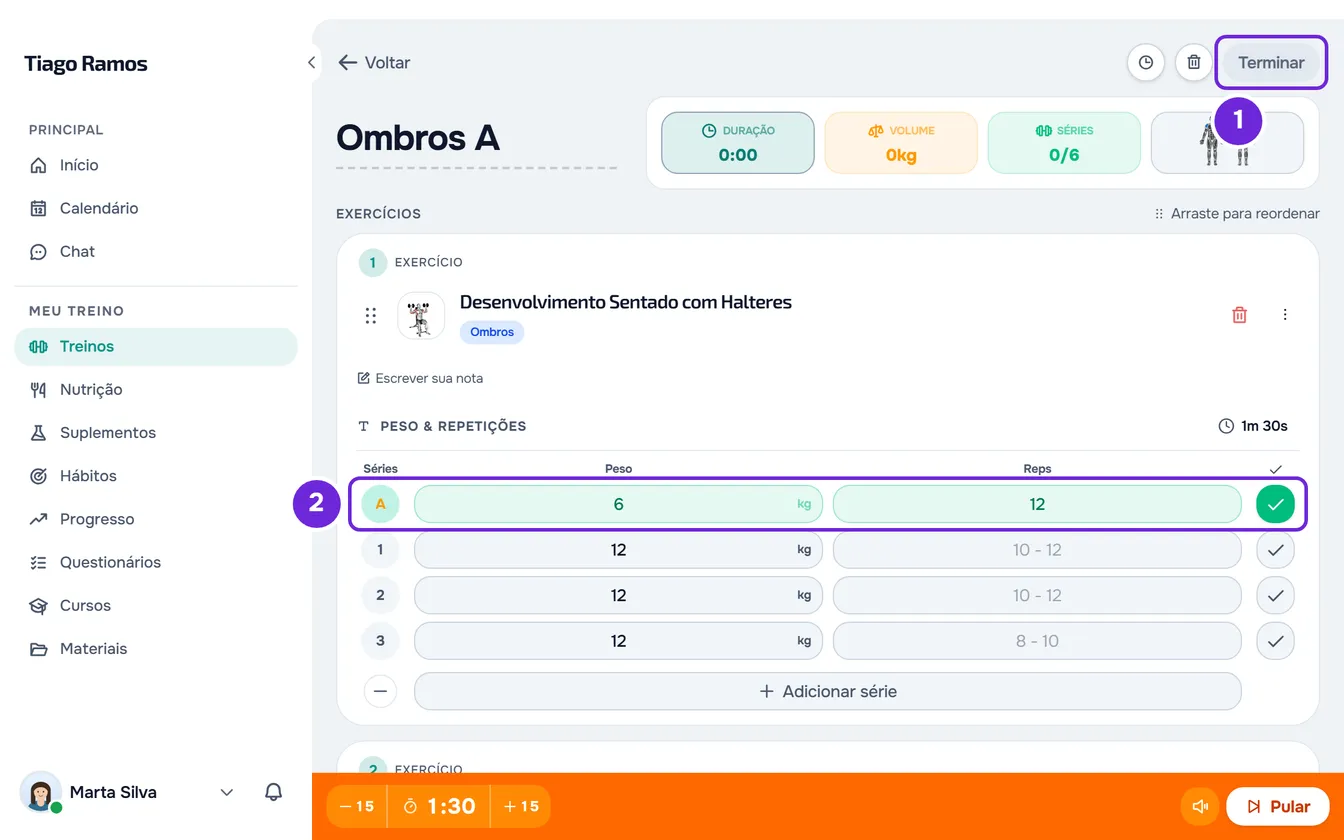 Treino Ombros A em andamento no computador, com o contador de séries em 0/6, o botão Terminar cinza e a série de aquecimento A, a única feita.