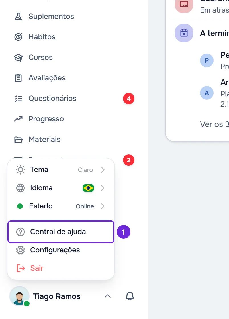 Menu da conta aberto no fim do menu lateral, com Tema, Idioma, Estado, Central de ajuda, Configurações e Sair.