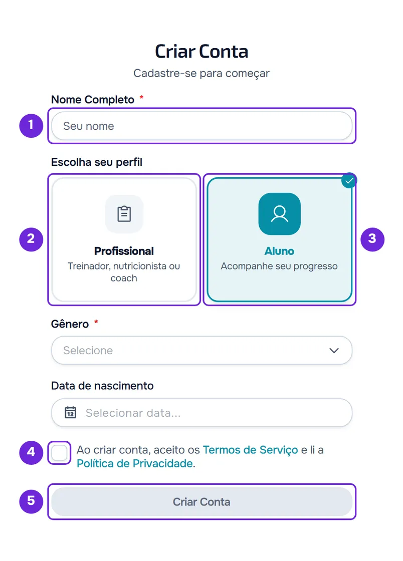 Tela Criar Conta do cadastro com Google ou Apple. Estão destacados Nome Completo, Profissional, Aluno, a caixa dos Termos de Serviço e Criar Conta.