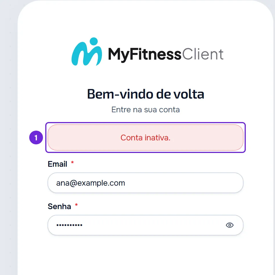 Página de login com a mensagem “Conta inativa.” destacada, acima dos campos Email e Senha preenchidos.