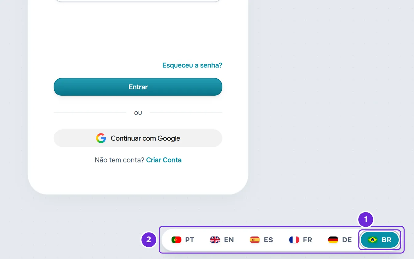 Canto inferior direito da página de login. Estão destacados a bandeira e BR do idioma atual e a pílula, aberta com os outros cinco idiomas.