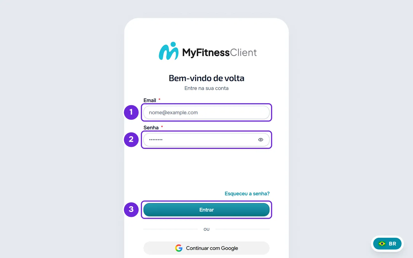 Página de login com os campos Email e Senha vazios, o ícone de olho dentro do segundo e o botão Entrar destacados.