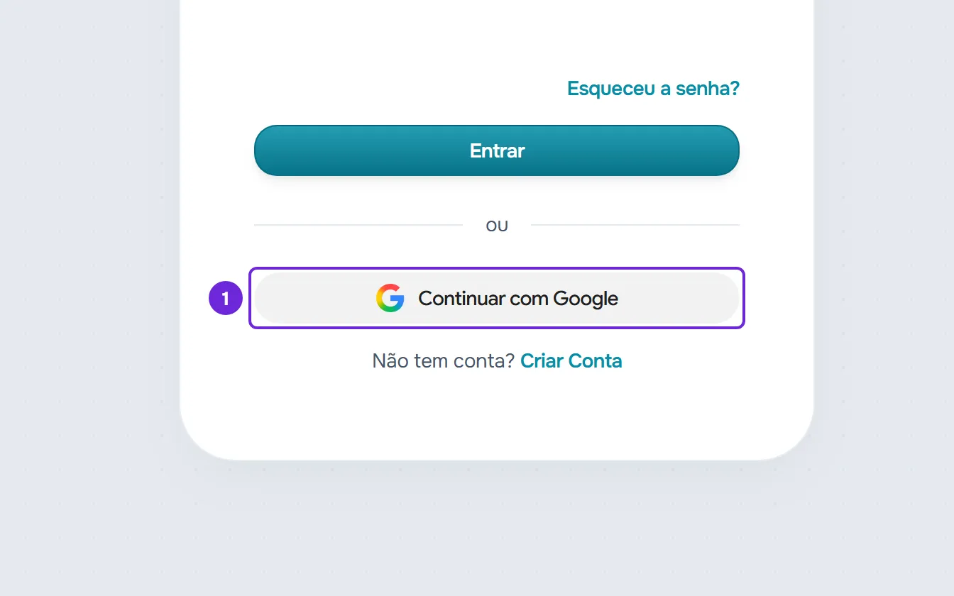 Parte de baixo do cartão de login: embaixo de “ou”, o botão Continuar com Google, destacado.