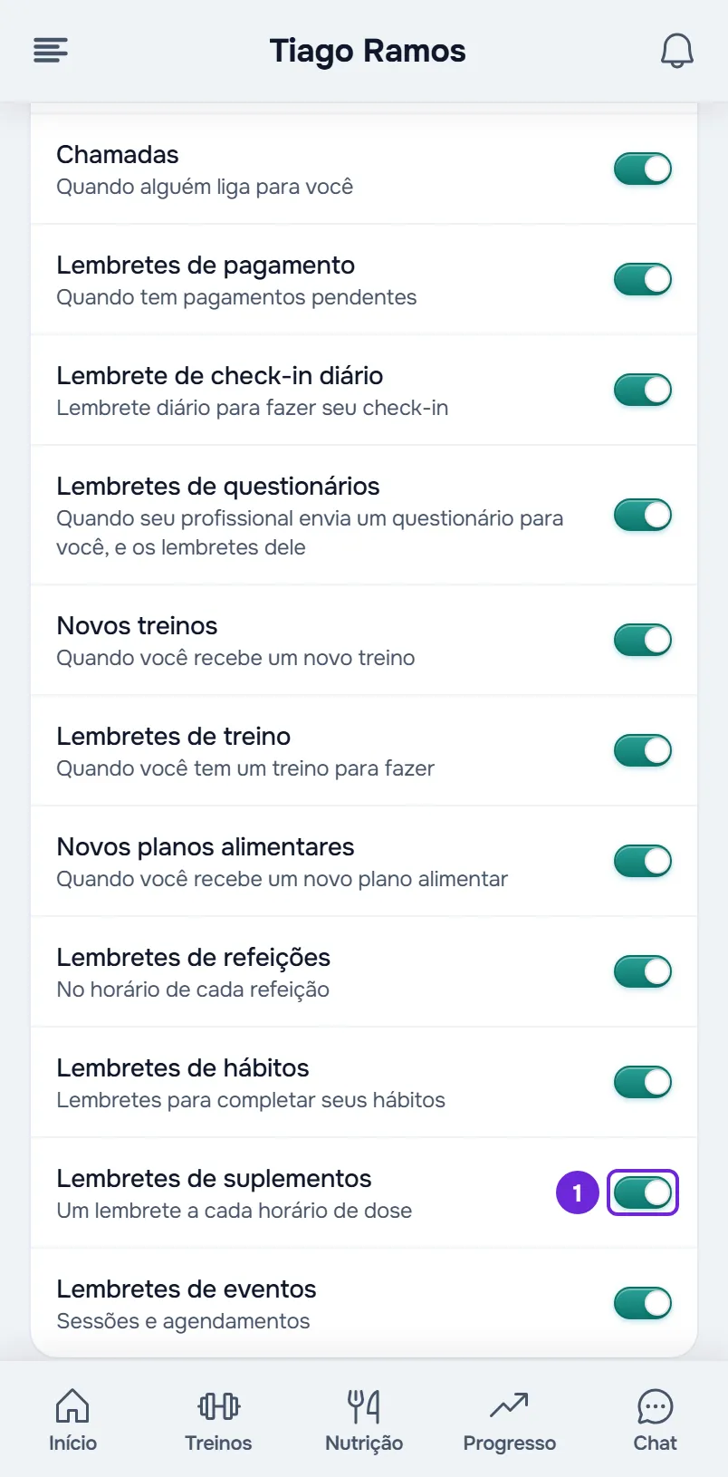 Lista de tipos de notificação nas Configurações, no celular, com a chave Lembretes de suplementos ligada e destacada.