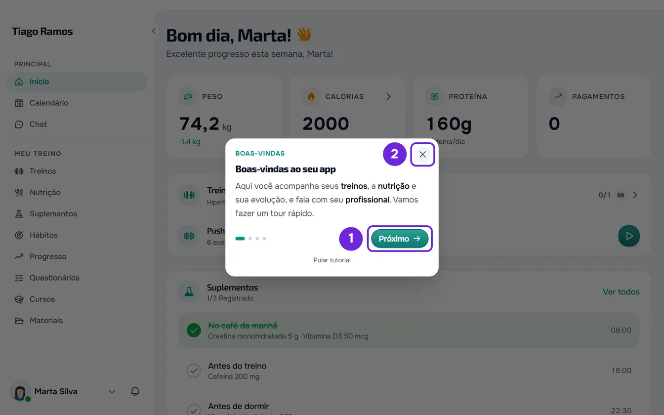 Primeiro passo do tour Boas-vindas sobre o Início escurecido, com o botão Próximo e o X de fechar destacados.