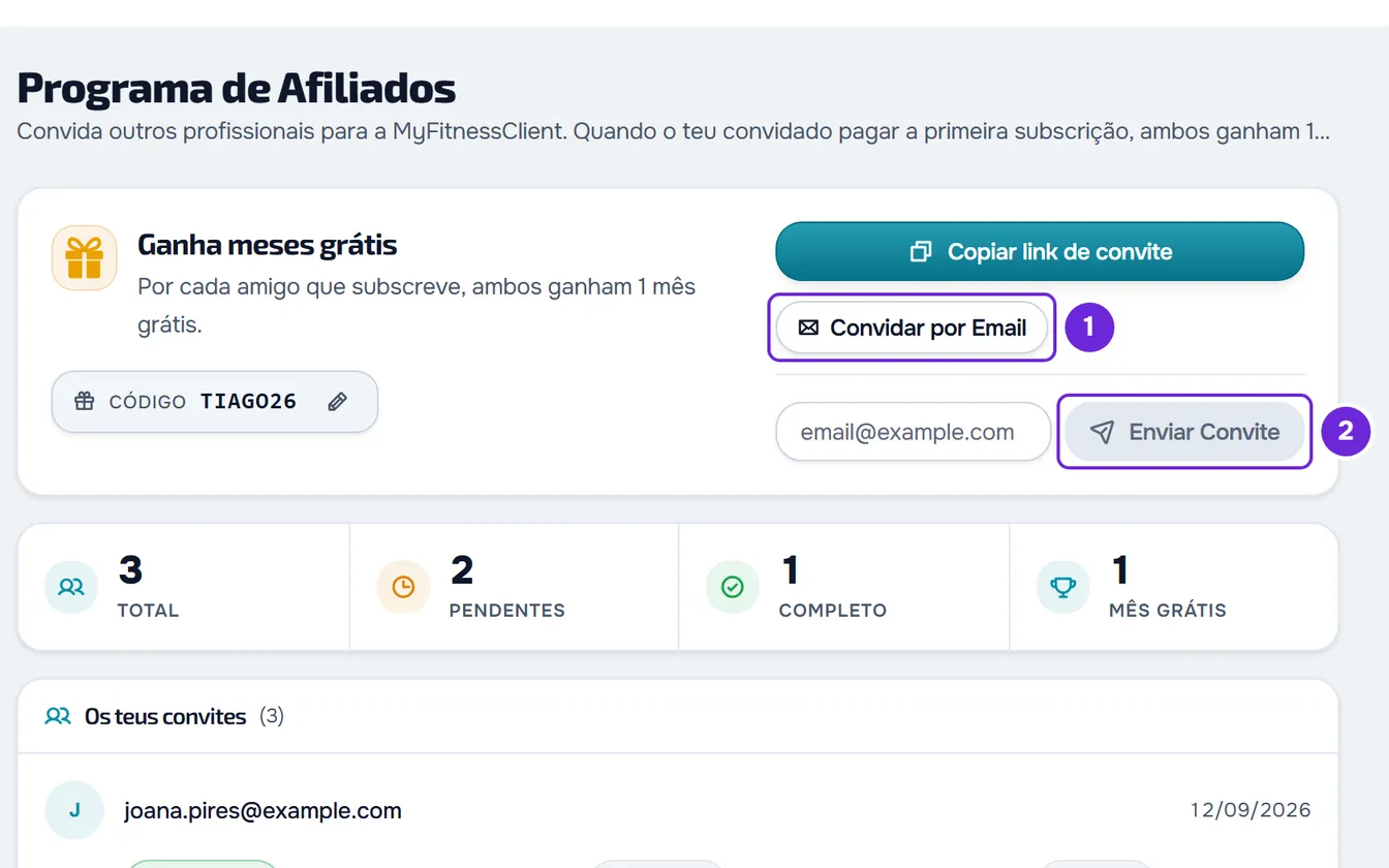 Formulário Convidar por Email aberto por baixo dos botões de partilha, com o campo do email e o botão Enviar Convite.