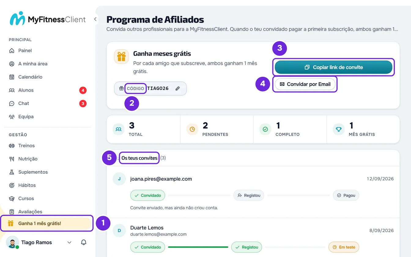 Programa de Afiliados com Ganha 1 mês grátis! no menu lateral, o código guardado, Copiar link de convite, Convidar por Email e Os teus convites.