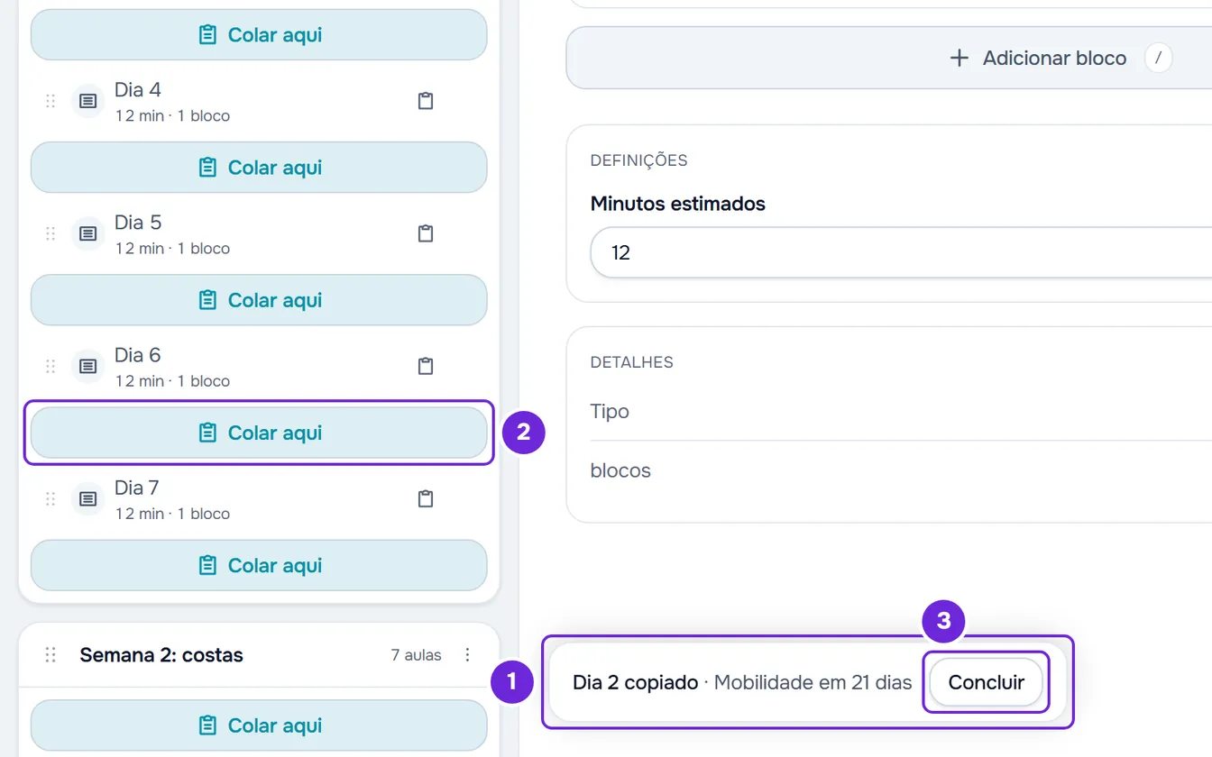 Separador Aulas do curso Mobilidade em 21 dias depois de copiar o Dia 2, com Colar aqui entre as aulas e, no fundo, a barra com Concluir.